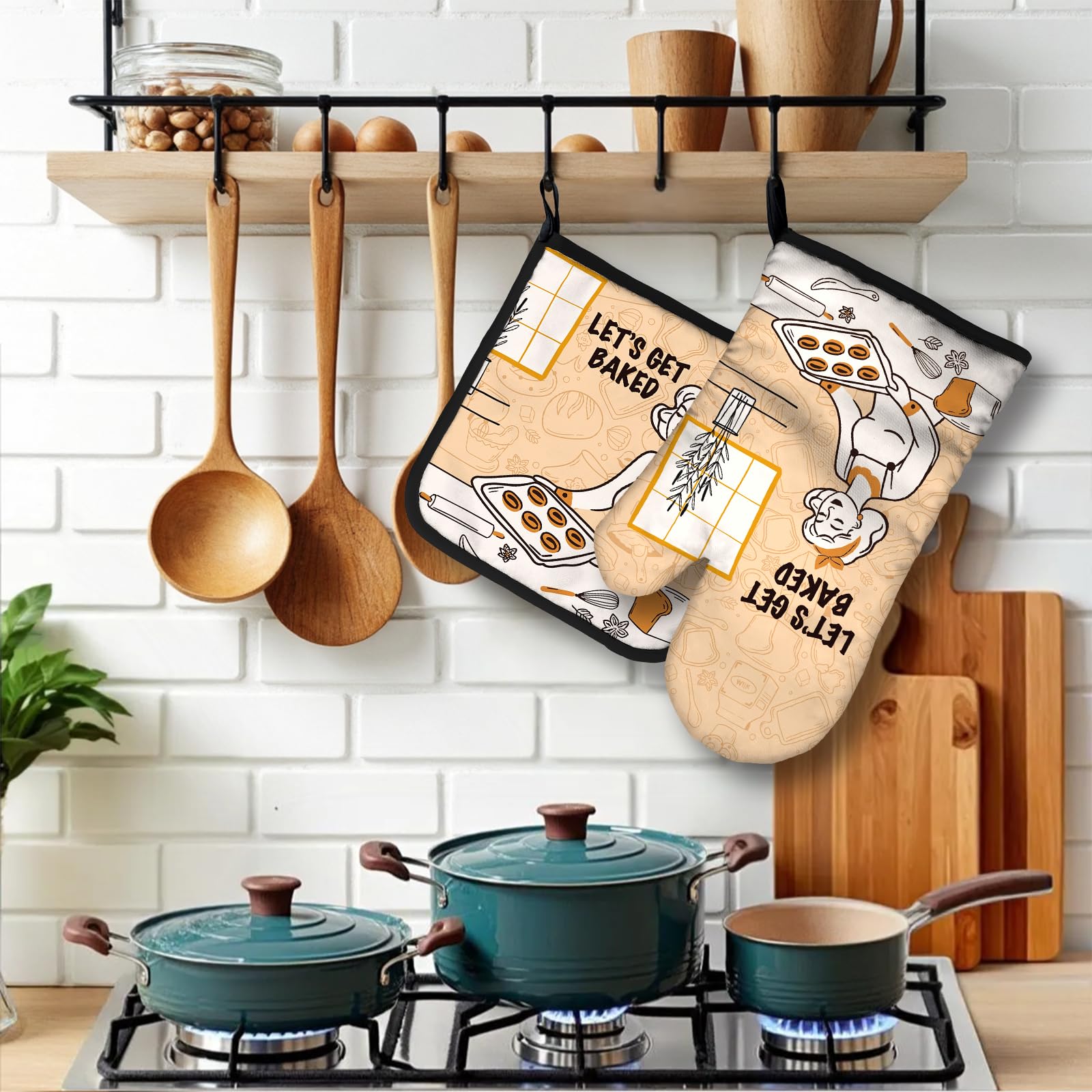 Lhbfsaz Let's Get Baked, Funny Women's Oven Mitts and Potholders Set, Baking Gifts for Women Bakers, Vintage Humor Mother's Day, Birthday Housewarming Gift, Double Sided Pattern