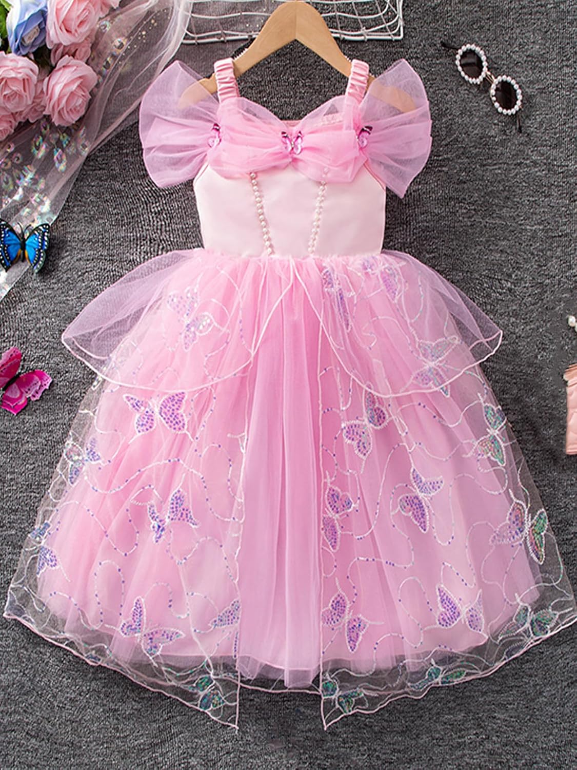 Girls Princes Tutu Dress Off-Shoulder Pink Butterfly Embroidery Tulle Costume for Kids Halloween Birthday Party