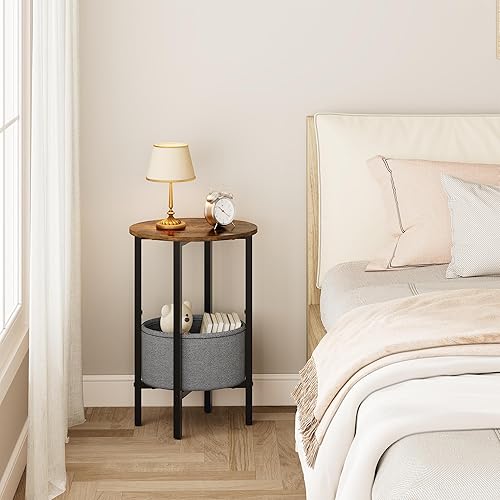 Miniatura 6 de Vagusicc Mesa auxiliar redonda con cesta de almacenamiento, mesa auxiliar pequeña para espacios pequeños, mesa auxiliar alta ovalada con marco de