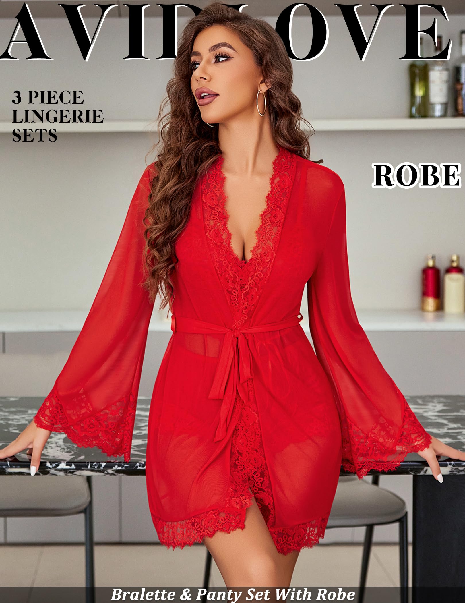 Avidlove Women Sexy Lingerie Set 3 Piece Lace Bralette and Panty Sets With Mesh Kimono Robe Sleepwear Exotic Nightgown