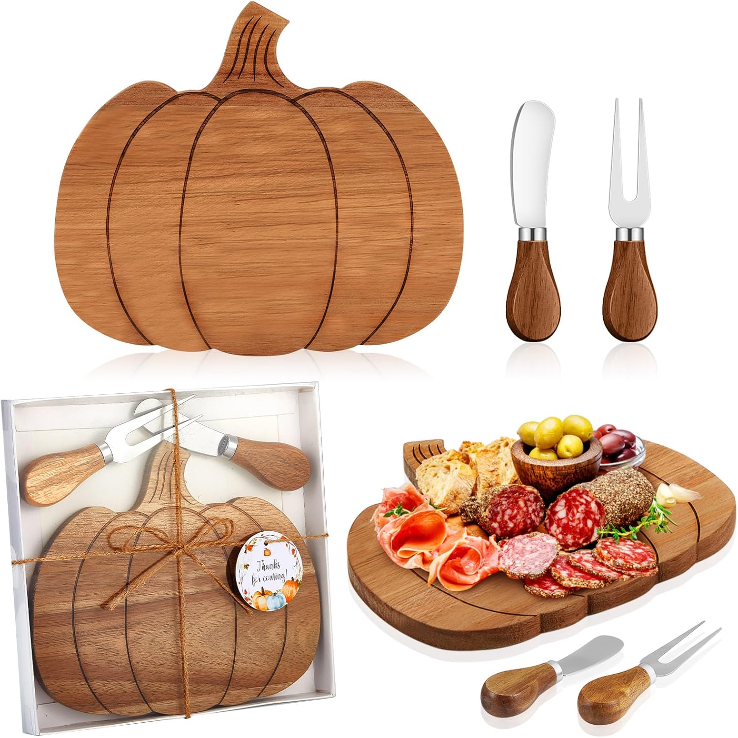 12 Sets Pumpkin Cheese Board Fall Party Favors Small Thanksgiving Wood Cheese Board with Knife Set for Kitchen Decoration