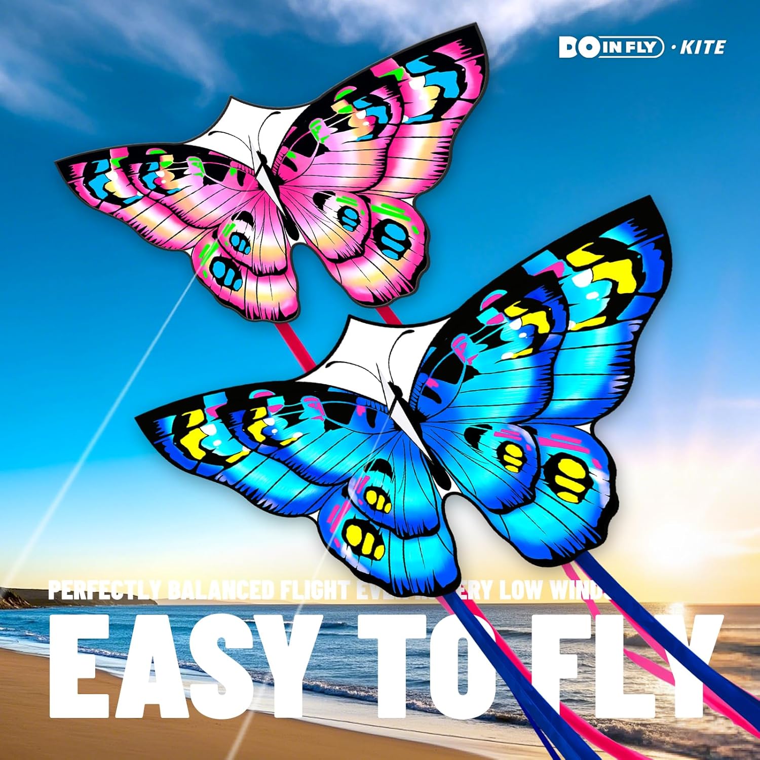 The Doinfly Butterfly-Shaped Kite is an Easy-to-Fly Kite Suitable for Both Children and Adults, and is Highly Suitable for Outdoor Activities. (Two-piece Set of Butterfly Wings-（Blue+Pink）, 2)