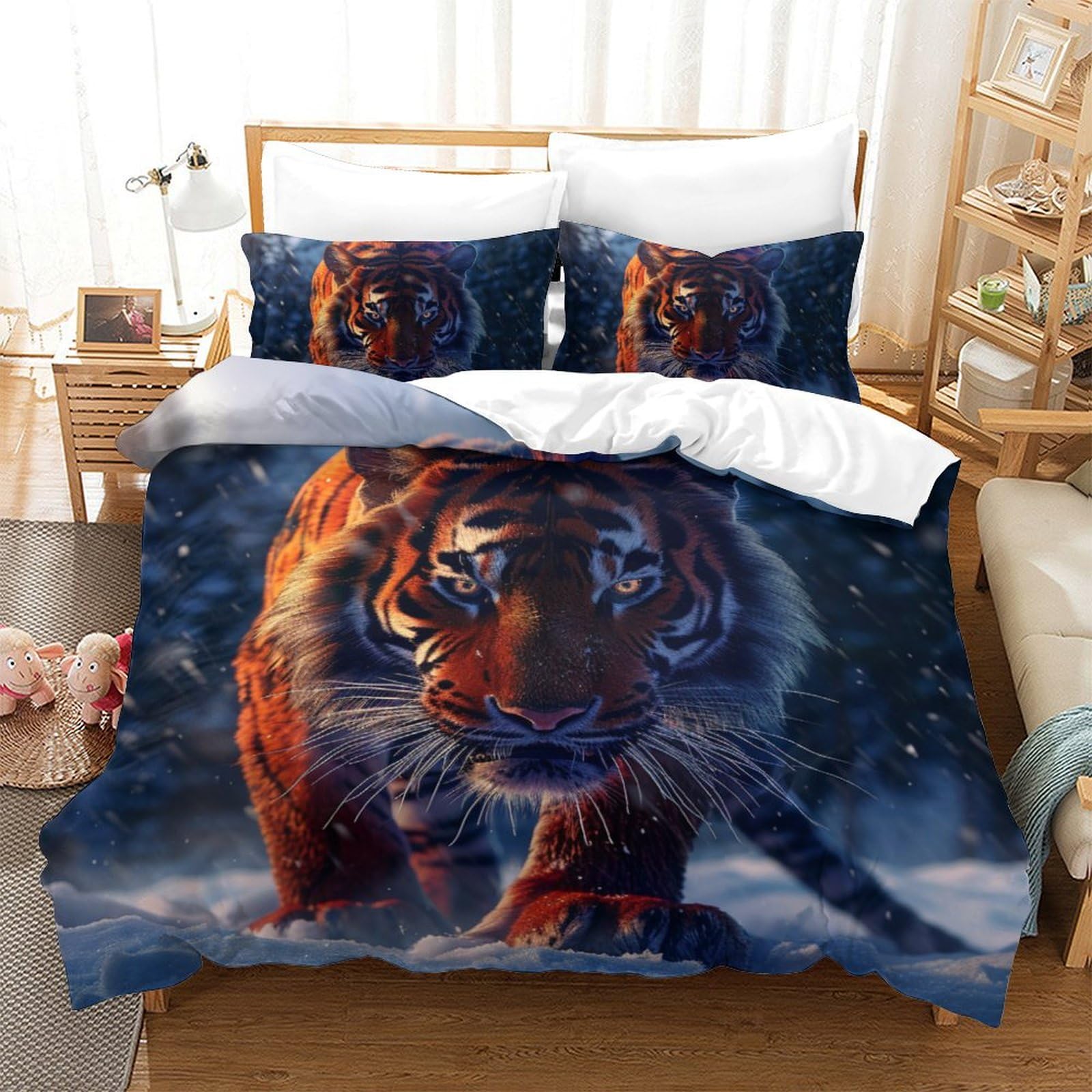 Housse de couette tigre 3D 200x200cm avec 2 taies en microfibre