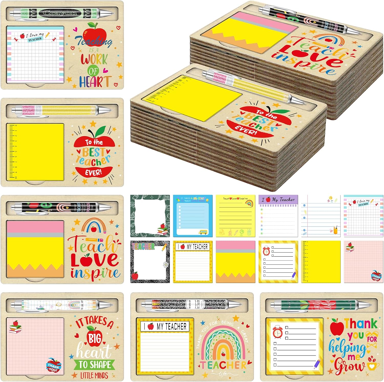 36 Pcs Teacher Appreciation Gifts in Bulk Set Wooden Pad Holder and Sticky Notes with Ballpoint Pens Wooden Sticky Note Holder Set Back to School Teacher Gifts Sticky Note Organizer for Classroom