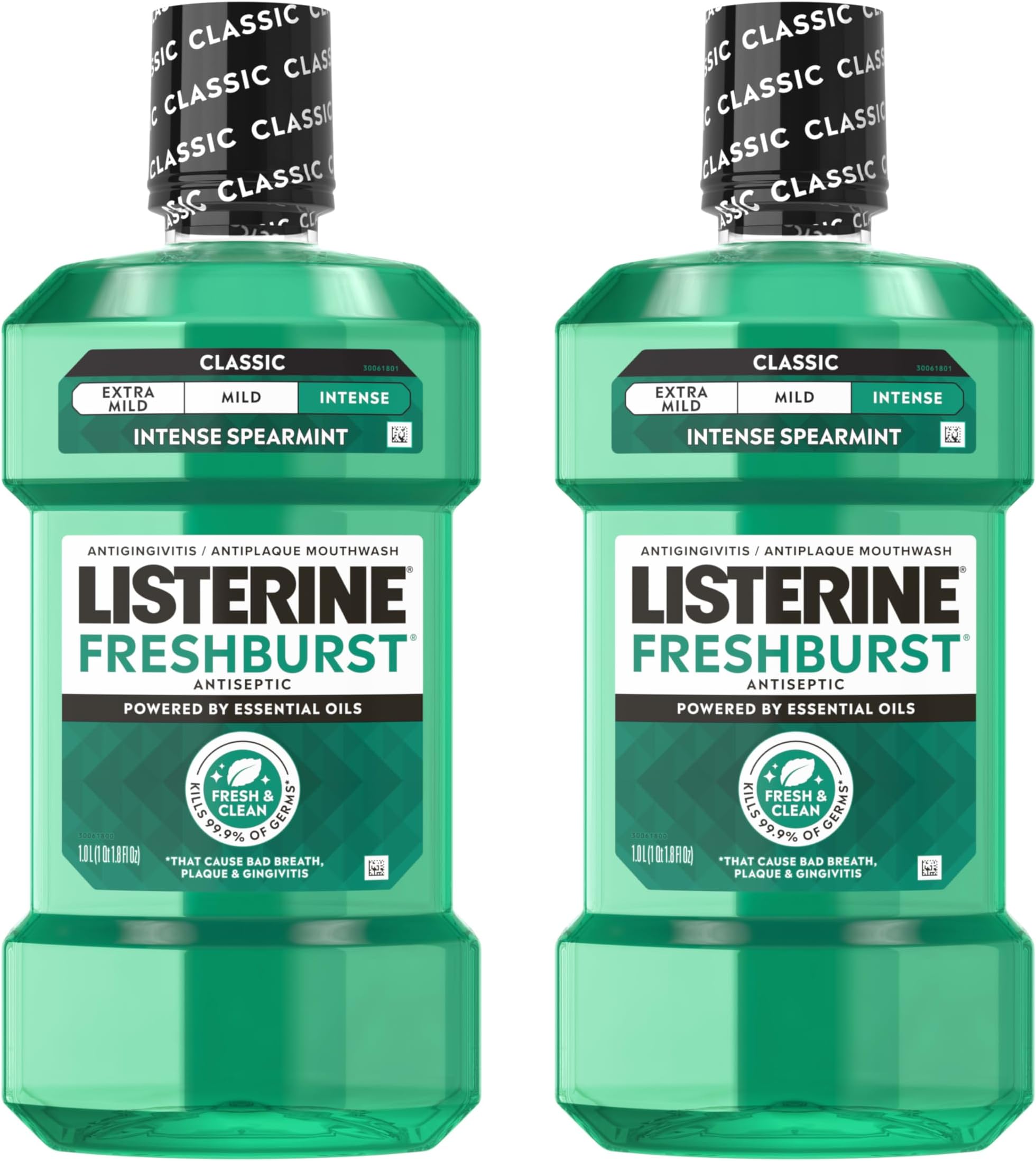 Listerine Freshburst Intense Antiseptic Mouthwash for Bad Breath, Kills 99.9% of Germs That Cause Bad Breath & Fight Plaque & Gingivitis, ADA Accepted Mouthwash, Convenience Pack, 2 x 1 L