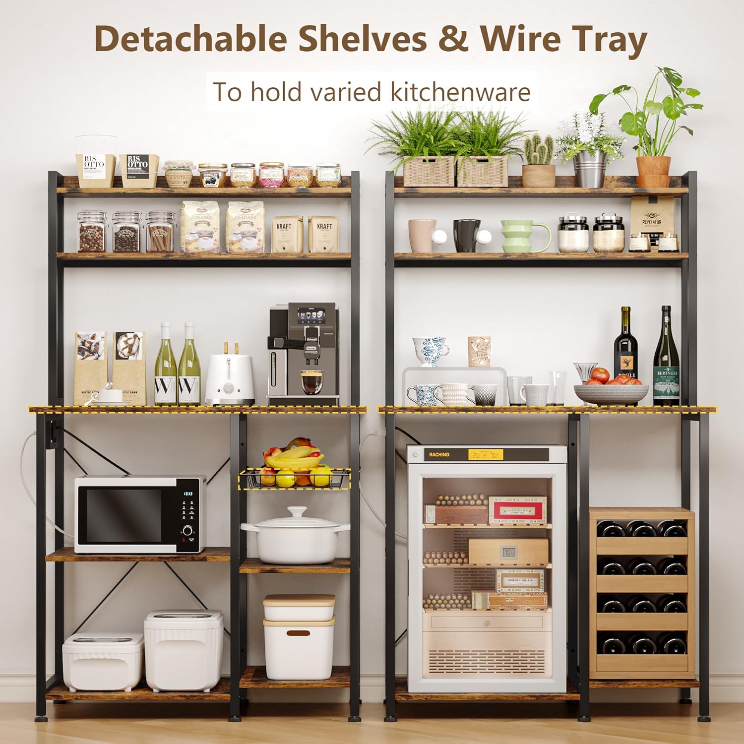 Bakers Rack with Power Outlet, 35.4'' Coffee Bar with Wire Basket, Microwave Stand with Storage and Adjustable Feet, Versatile Kitchen Shelves for Pantry, Home Organization, Rustic Brown