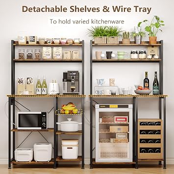 Einhomn Bakers Rack with Power Outlet, 35.4'' Coffee Bar with Wire Basket, Microwave Stand with Storage and Adjustable Feet, Versatile Kitchen Shelves for Pantry, Home Organization, Rustic Brown