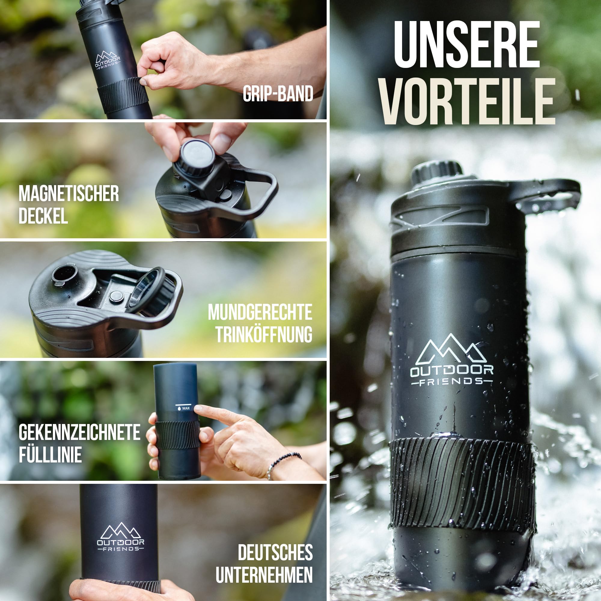 OutdoorFriends - Wasserfilter Outdoor Survival - Wasserfilter Flasche - Trinkflasche mit Filter - Wasseraufbereiter Trinkwasser [EasyPress] 0,01 µm 2000L Filterkapazität entfernt 99,9% Bakterien