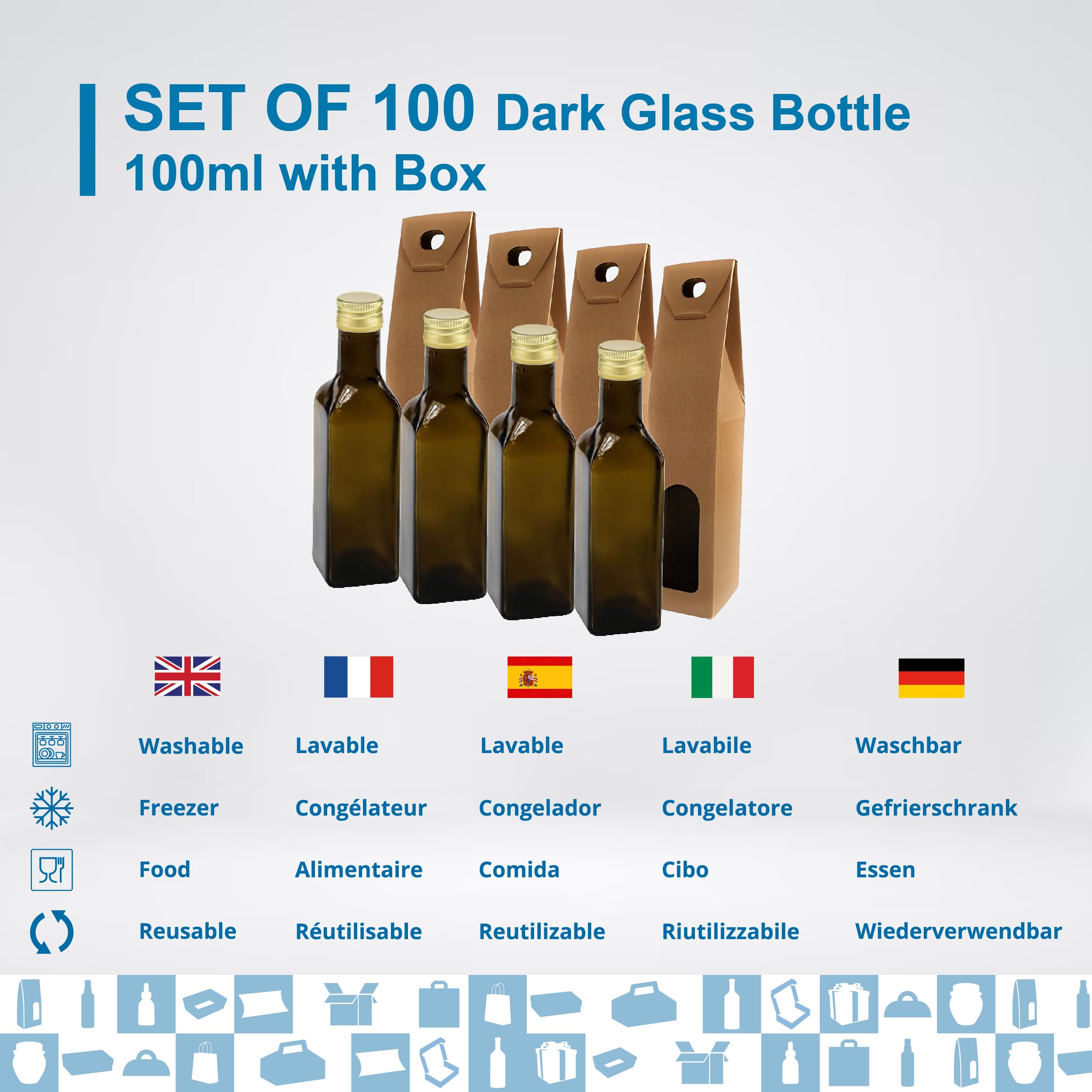 100 mini botellas de cristal oscuro de 100 ml con tapón de rosca dorado + 100 cajas – botellas pequeñas para aceite de oliva, vinagre, alcohol – frasco para muestras