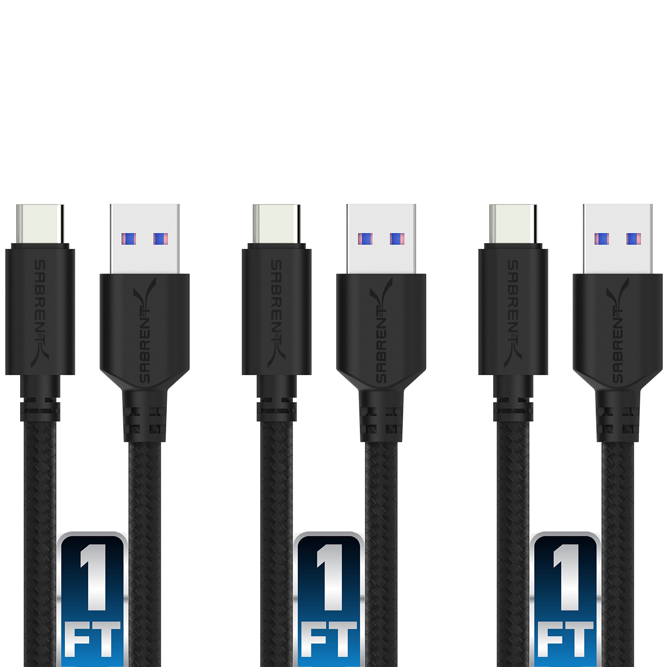 SABRENTUSB C to USB A 3.0 Cable Fast Charging High Speed [3 Pack] 1 Ft for Samsung Charger, Playstation 5 DualSense, Xbox Series S X Core, Elite Series 2, NS Switch Lite, Controller [Black] (CB-C3X1)