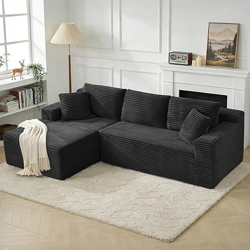 KIVENJAJA 103" Black Boneless Couches for Living Room, L-Shaped Cloud Sectional Sofa with Chaise, Corduroy Foam Compression Modular Set for Apartment Home Office, No Assembly Required