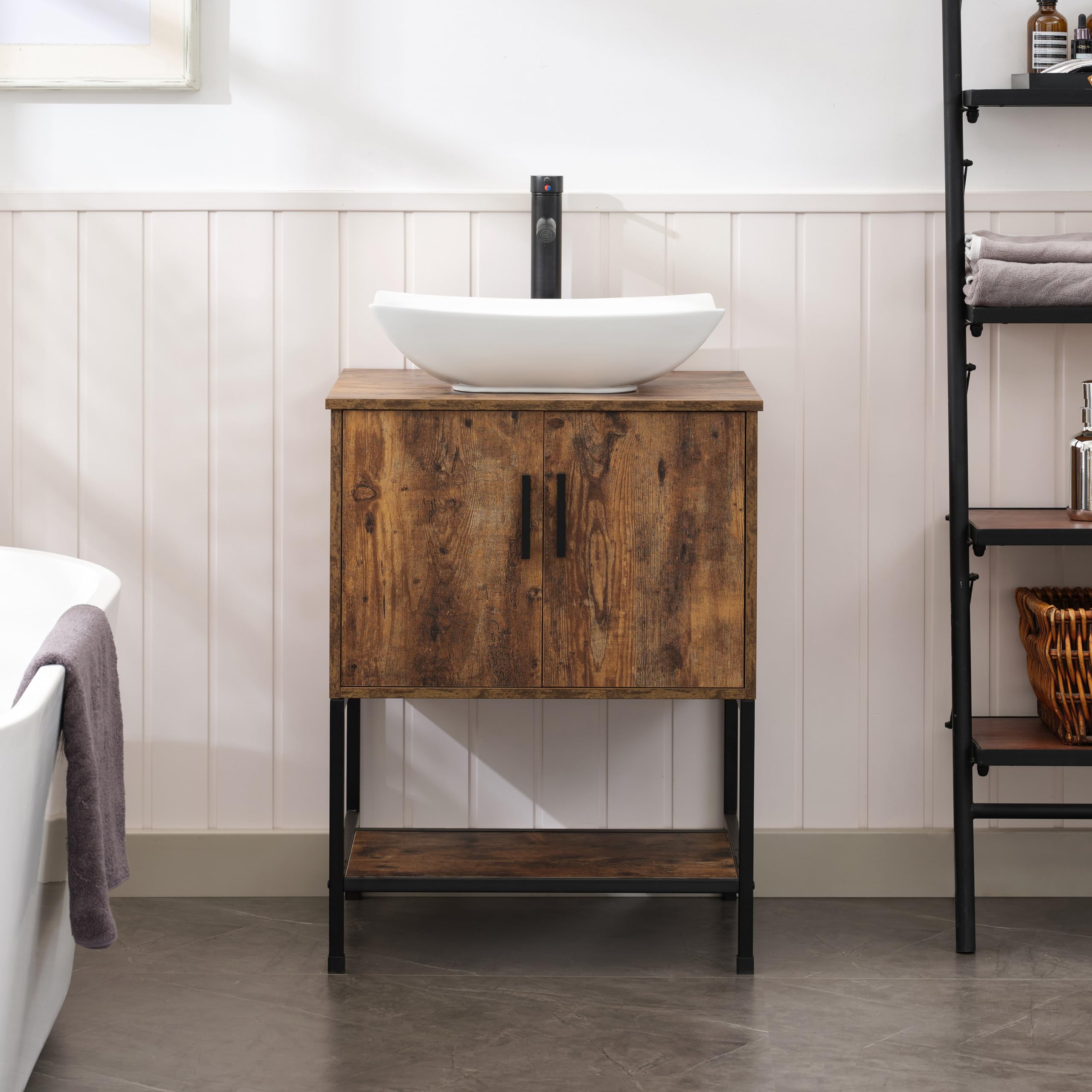 Rustic Brown 24" Bathroom Vanity with Sink,Industrial Iron Frame Bathroom Cabinet Set with Doors & Shelf,with Modern Artistic Ceramic Vessel Sink Combo(032WH)