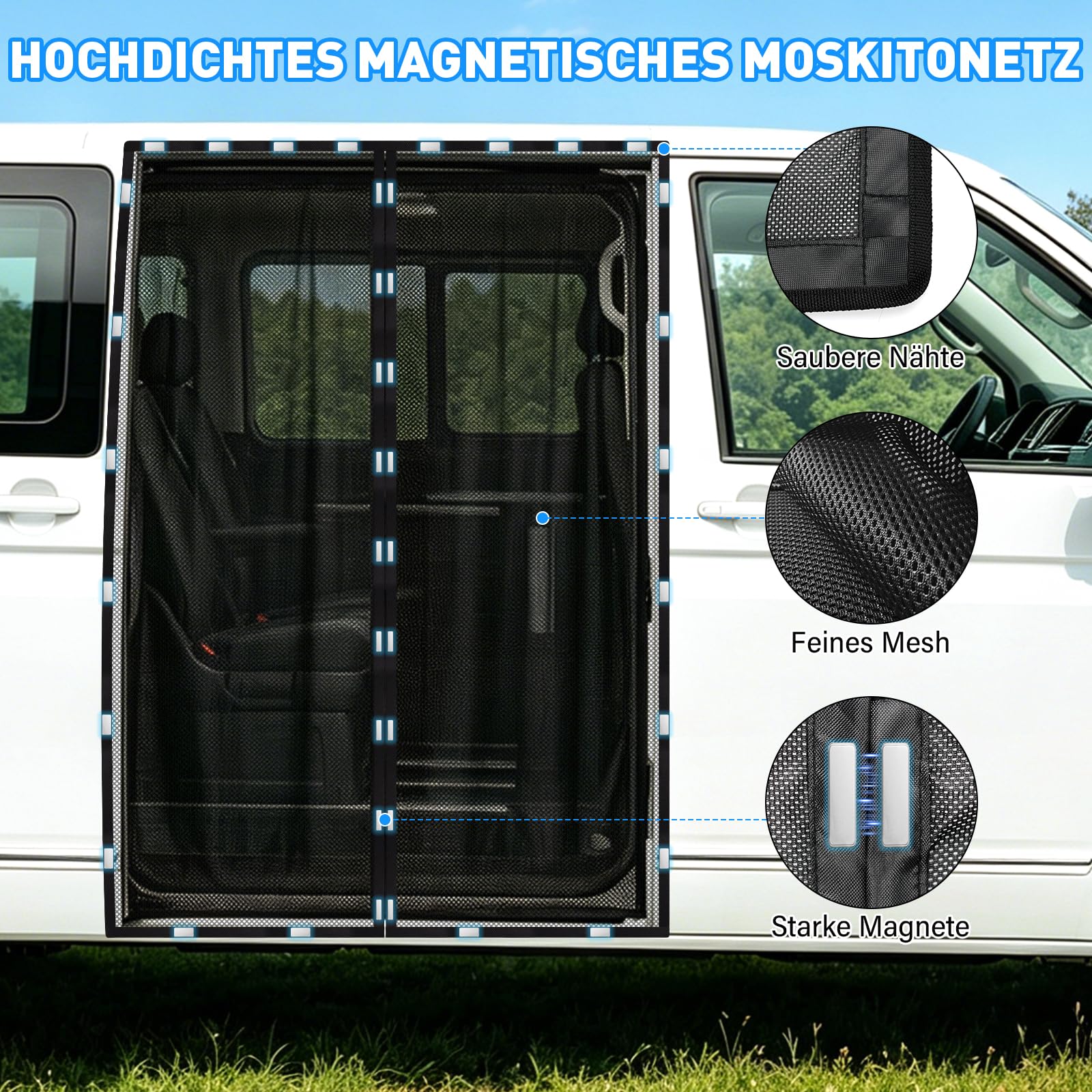 Moskitonetz Magnetisch für VW T5 T6 Schiebetür Fliegengitter Magnet Insektenschutz Schiebetür Car Mosquito Net Auto Accessoires Camping Zubehör Glamping, 148x115cm