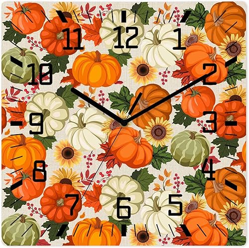 Fall Pumpkins Wooden Wall Clock Silent Non Ticking, Farmhouse Thanksgiving Autumn Linen Texture Square Wall Clock Battery Operated, Decor Clock for
