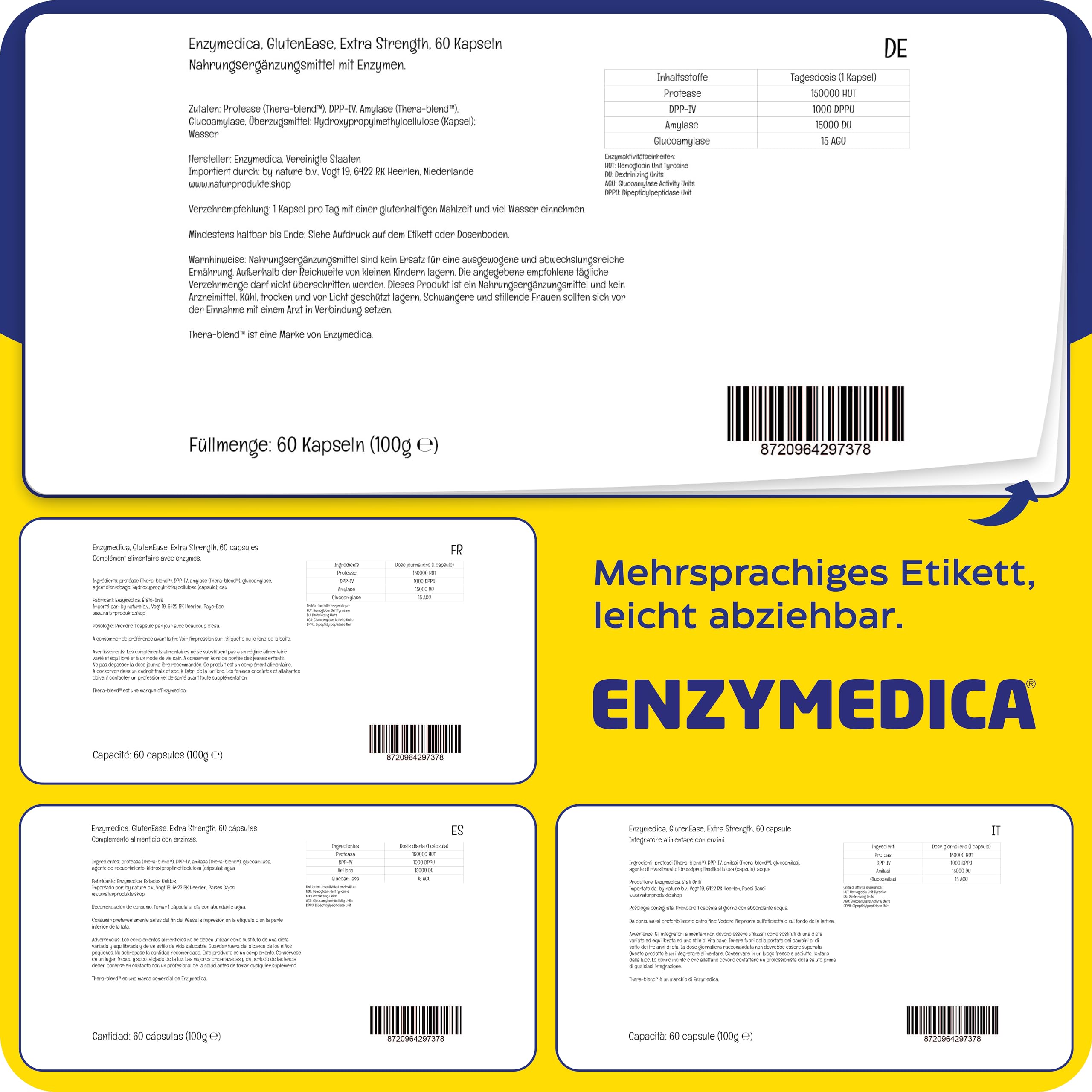 Enzymedica, GlutenEase Extra Strength, 60 vegane Kapseln, 150.000HUT Protease, 1000 DPPU DDP-IV, 15.000 DU Amylase& 15 AGU Glucoamylase je Dosis, Glutenfrei, Sojafrei, GMO frei, Geschmacksneutral