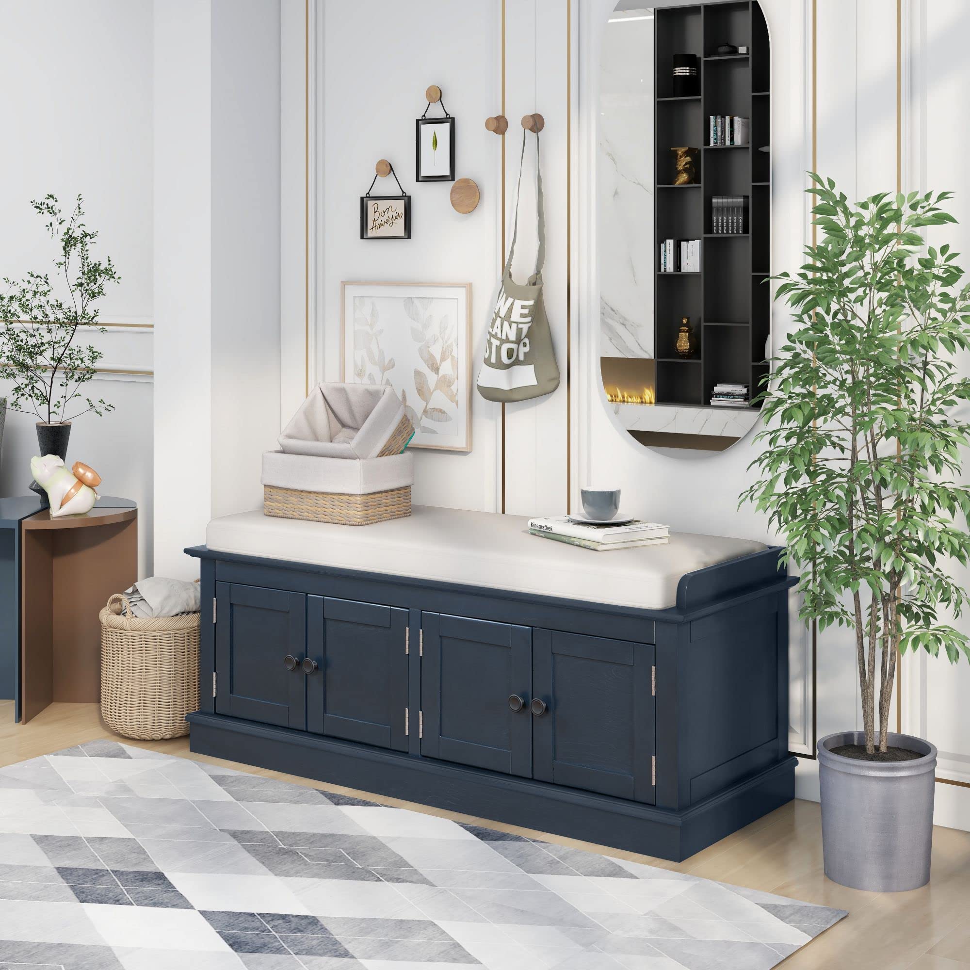 Storage Bench, Entryway Bench with 4 Doors and Adjustable Shelves, Shoe Bench Shoe Cabinet with Removable Seat Cushion for Living Room, Entryway, Hallway (Antique Navy)