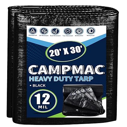 CAMPMAC Black Tarps Heavy Duty Waterproof 20x30, 12 Mil Thick, High Durability, Rip and Tear Resistant with Metal Grommets Every 20 Inches