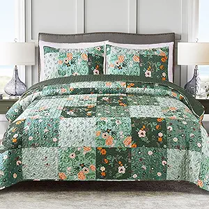 Exclusivo Mezcla Reversible Boho Quilt Set Queen Size, 3 Pieces Patchwork Green All Season Bedspreads, Ultra Soft Floral Coverlet Bedding Set with Printed Pattern (1 Quilt, 2 Pillow Shams)