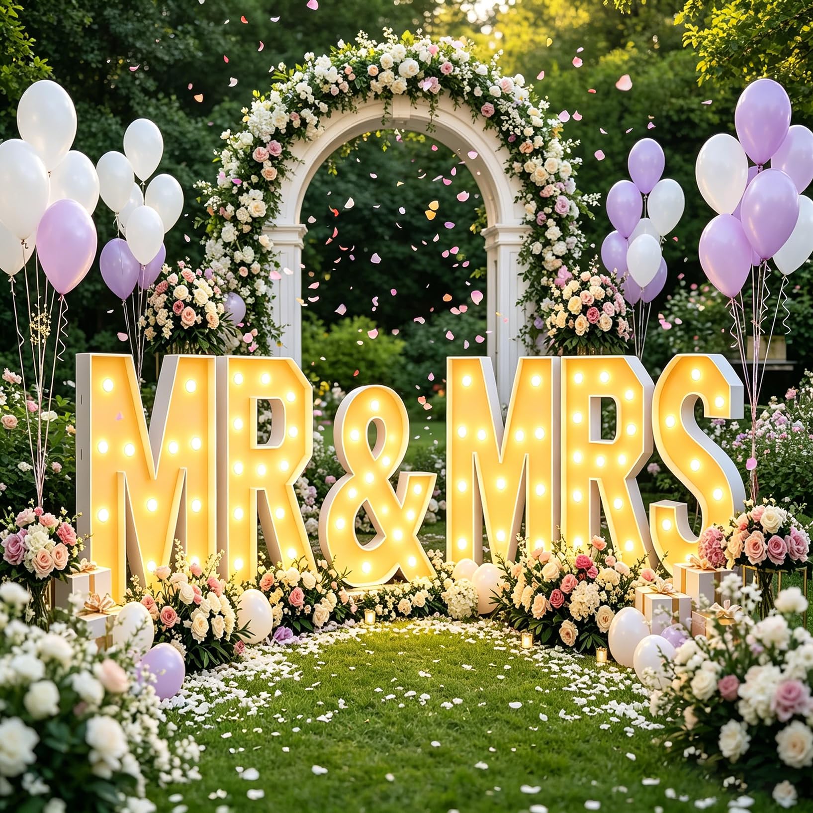 Large MR & MRS Pre-Cut LED Marquee Light Up Mosaic Balloon Frame Foam Board, Party Backdrop Sign Birthday Wedding Anniversary Decor, 120cm-4ft