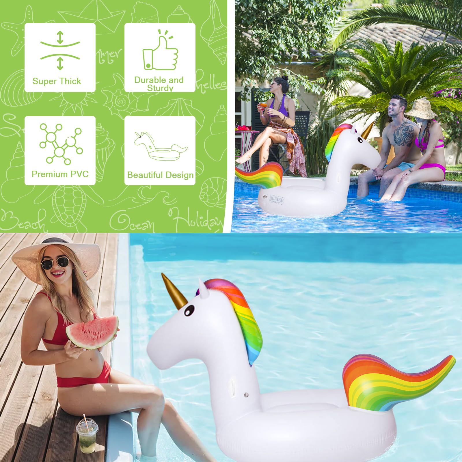 190x92cm Einhorn Schwimmring Erwachsene, Schwimmreifen Einhorn aufblasbare mit Glitzer, Schwimmtier Groß, aufblasbarer Pool Ring, Schwimmring Wasserspielzeug für Pool Party Sommer Strand