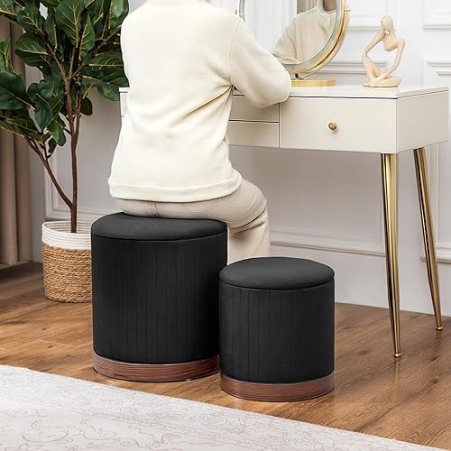 Miniatura 5 de Adeco Otomana redonda con almacenamiento, juego de 2, otomana de almacenamiento de terciopelo para sala de estar, reposapiés con tapa extraíble