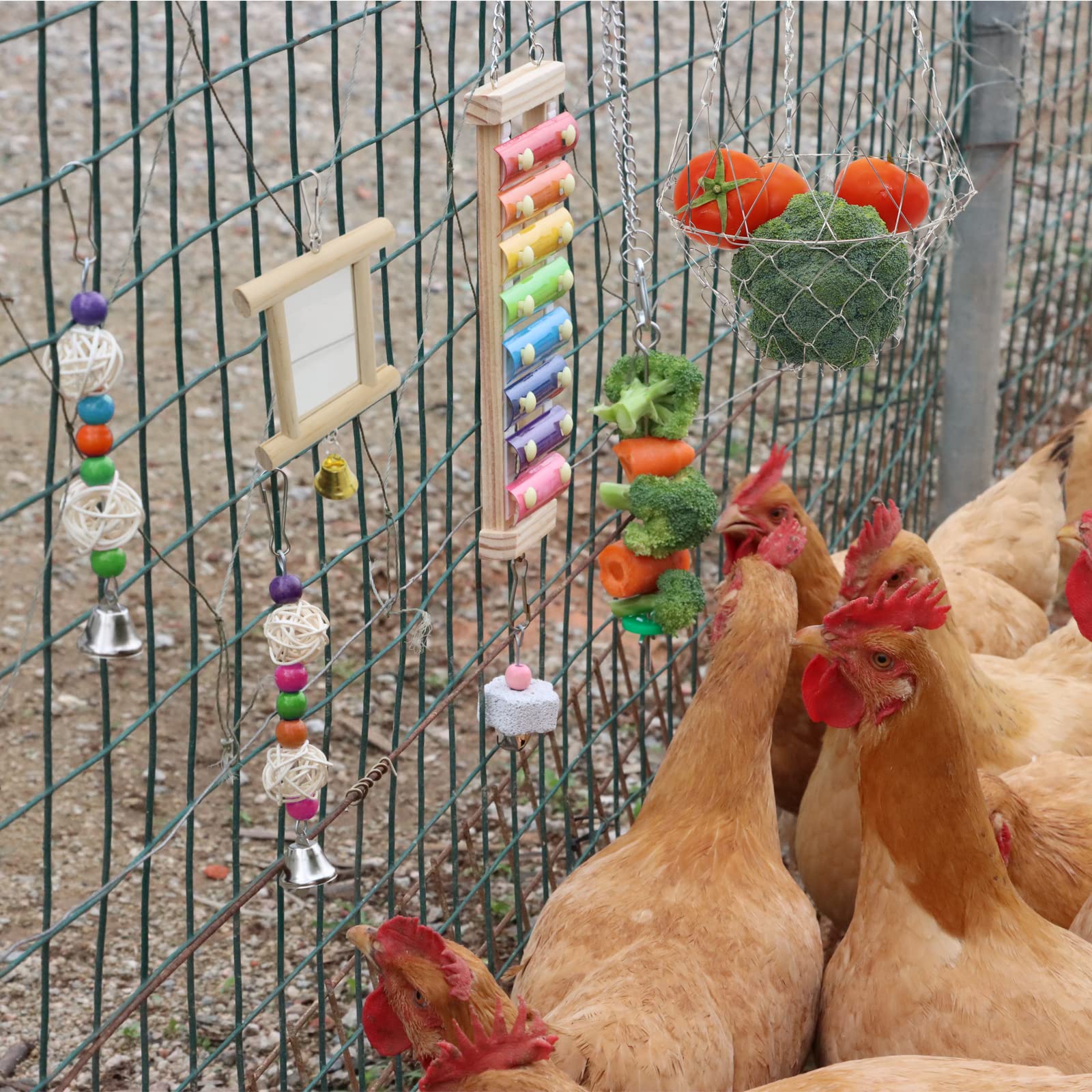 8 Packs Chicken Toys, Chicken Coop Accessories, with 2 Chicken Swing, 2 Sepaktakraw Ornaments, 1 Chicken Mirror, 1Metal Vegetable Net Basket, 1 Vegetable Fruits Hanging Fork