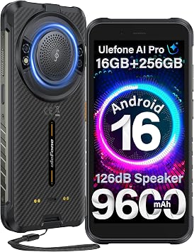 Ulefone RugKing Rugged Smartphone, 16GB+256GB/2TB TF, 9600mAh Dock Charging, 126dB Speaker, Android 16, 50MP Waterproof Camera, 5.99 inch IP68 Outdoor Armor 4G Mobile Phone Unlocked, 3-Card Slot NFC