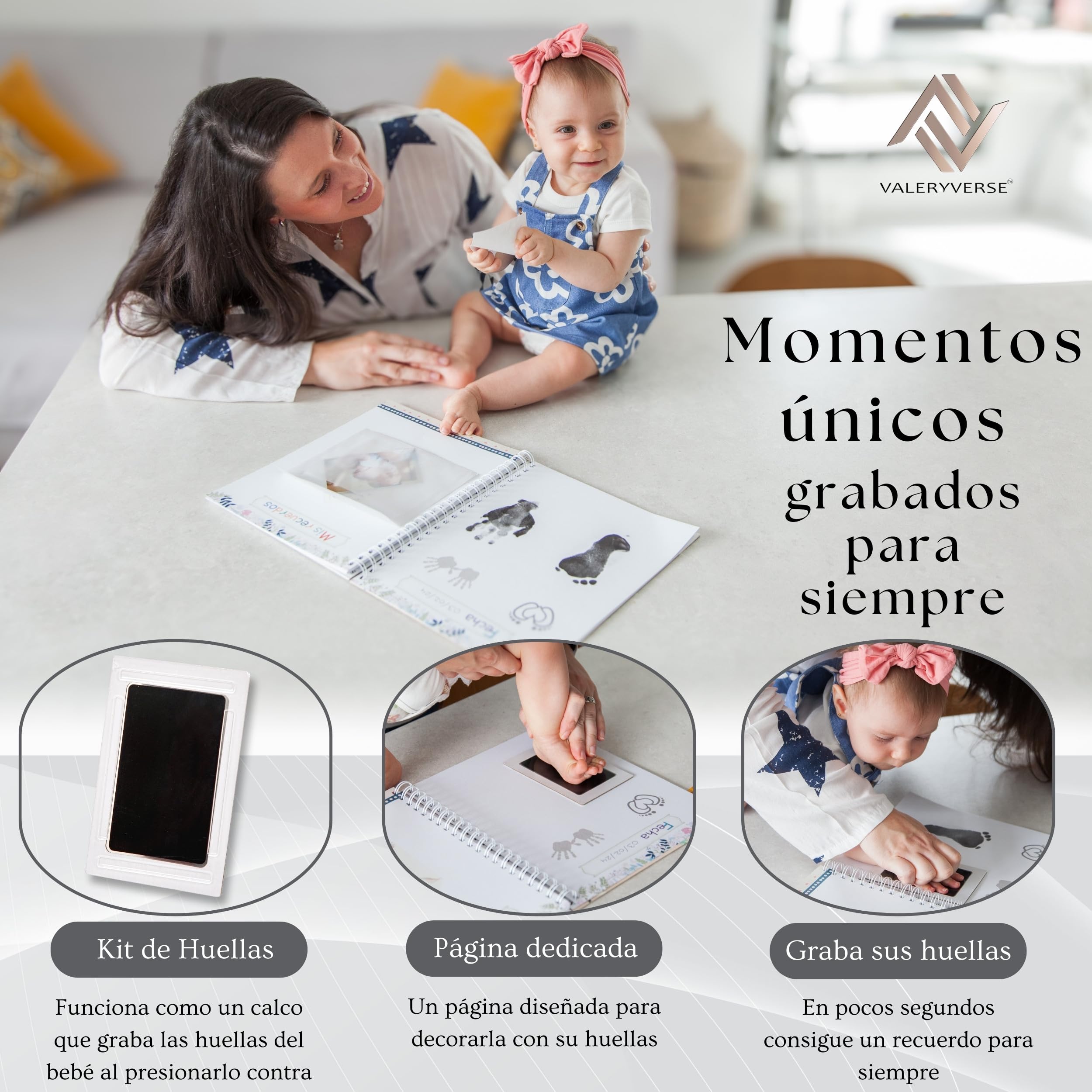 Libro de Recuerdos para Bebé - Álbum Primer Año del Bebe, Kit de Huellas, Esquinas adhesivas para Fotos y Sobre para Recuerdos -Unisex- Regalo Original - Incluye Guia para Padres Primerizos