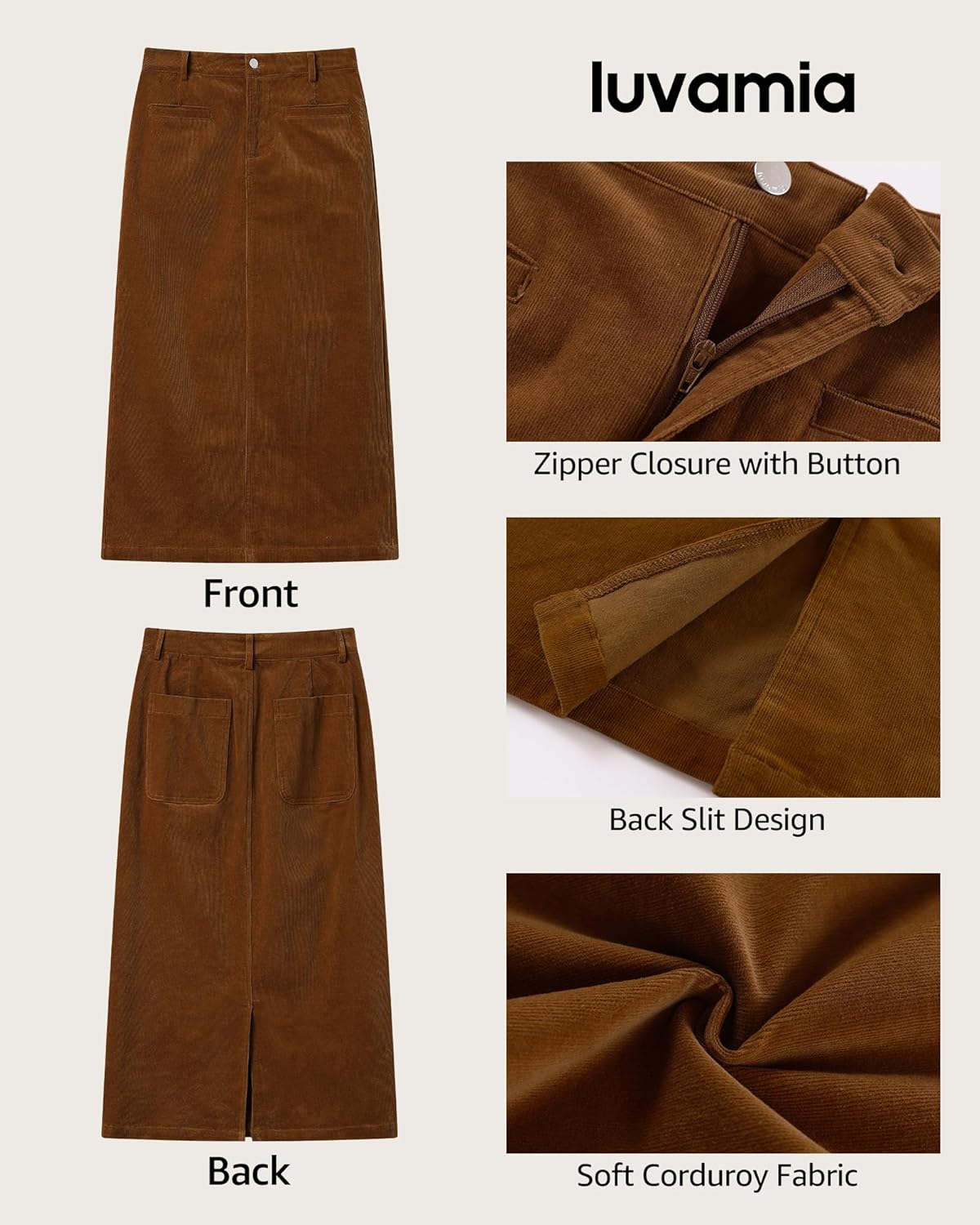 luvamia Corduroy Skirts for Women Midi Length High Waisted Trendy Fall Elastic Waist Casual Stretchy Welt Pockets Skirt - Image 5