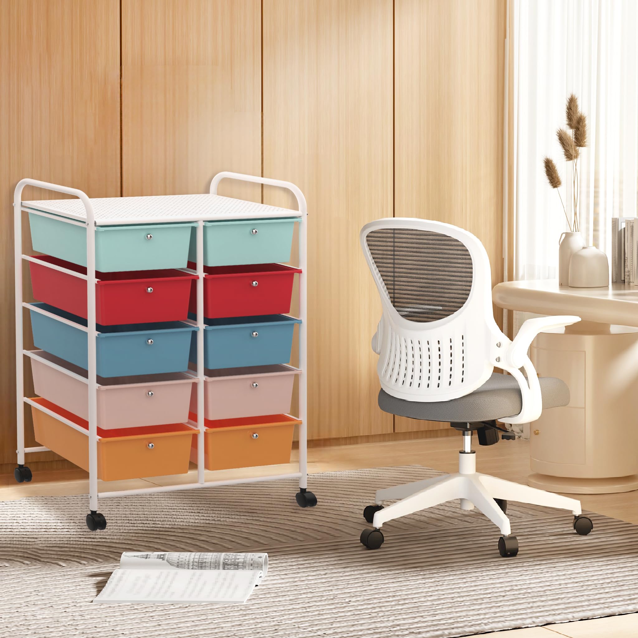 UISEBRT Chariot à roulettes avec 10 tiroirs empilables, chariot de rangement pour bureau, salon (96 x 39,5 x 66 cm)