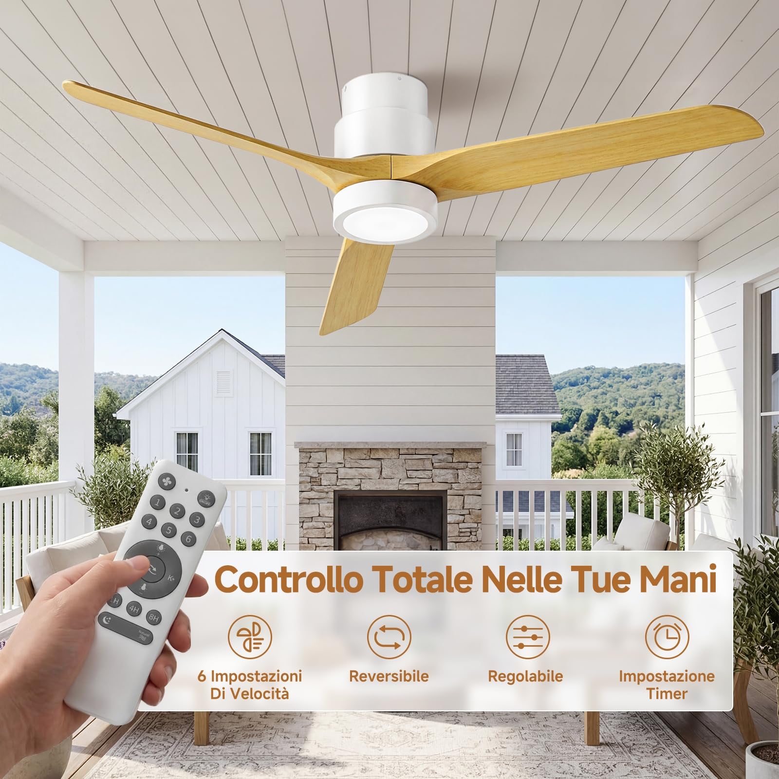 Ateroll Ventilatore Soffitto con Luce Ø132cm, Dimmerabile LED (3000K-6500K), Plafoniera con Ventilatore Telecomando 6 Velocità Timer Adatto per Letto/Soggiorno/Studio/Patio (Bianco)