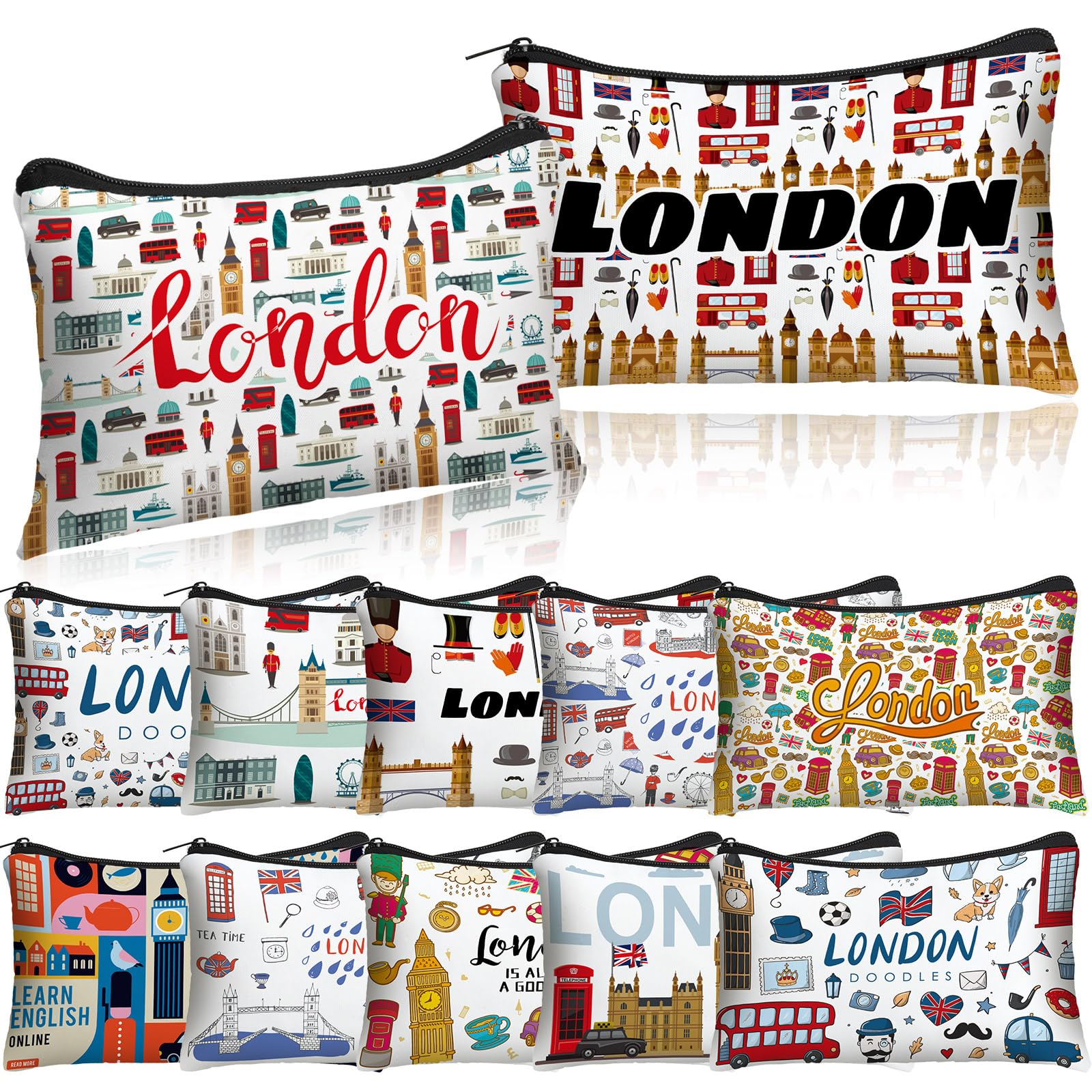 Reginary 12 Pack Cosmetic Bag Travel Souvenirs Gift Makeup Bag Lover Gifts Friendship Family Toiletry Storage for Women Vacation Traveller Trip(London)