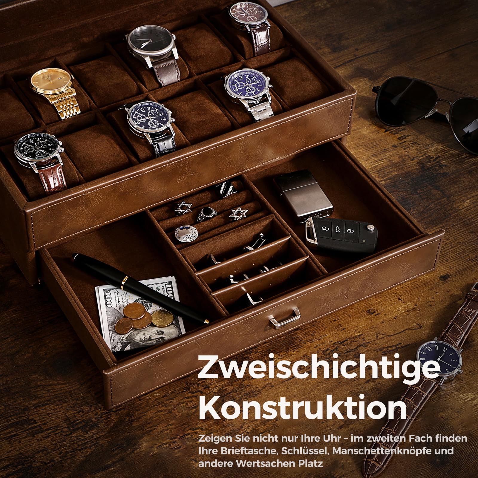 Uhrenbox Herren mit 12 Fächern, Klassiker PU-Leder Uhrenständer 2 Ebenen | Uhrenkasten mit Herausnehmbaren Uhrenkissen und Schublade, Premium Uhrenkoffer mit Glasdeckel (mit Geschenkbox) Braun