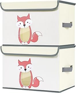 DIMJ Toy Box Storage, 2 Pack Storage Boxes with Lid Foldable Kids Toy Chest with Handle and Window Cartoon Toy Organiser Fabric Basket Bins for Boys, Girls, Clothes, Nursery (Beige)
