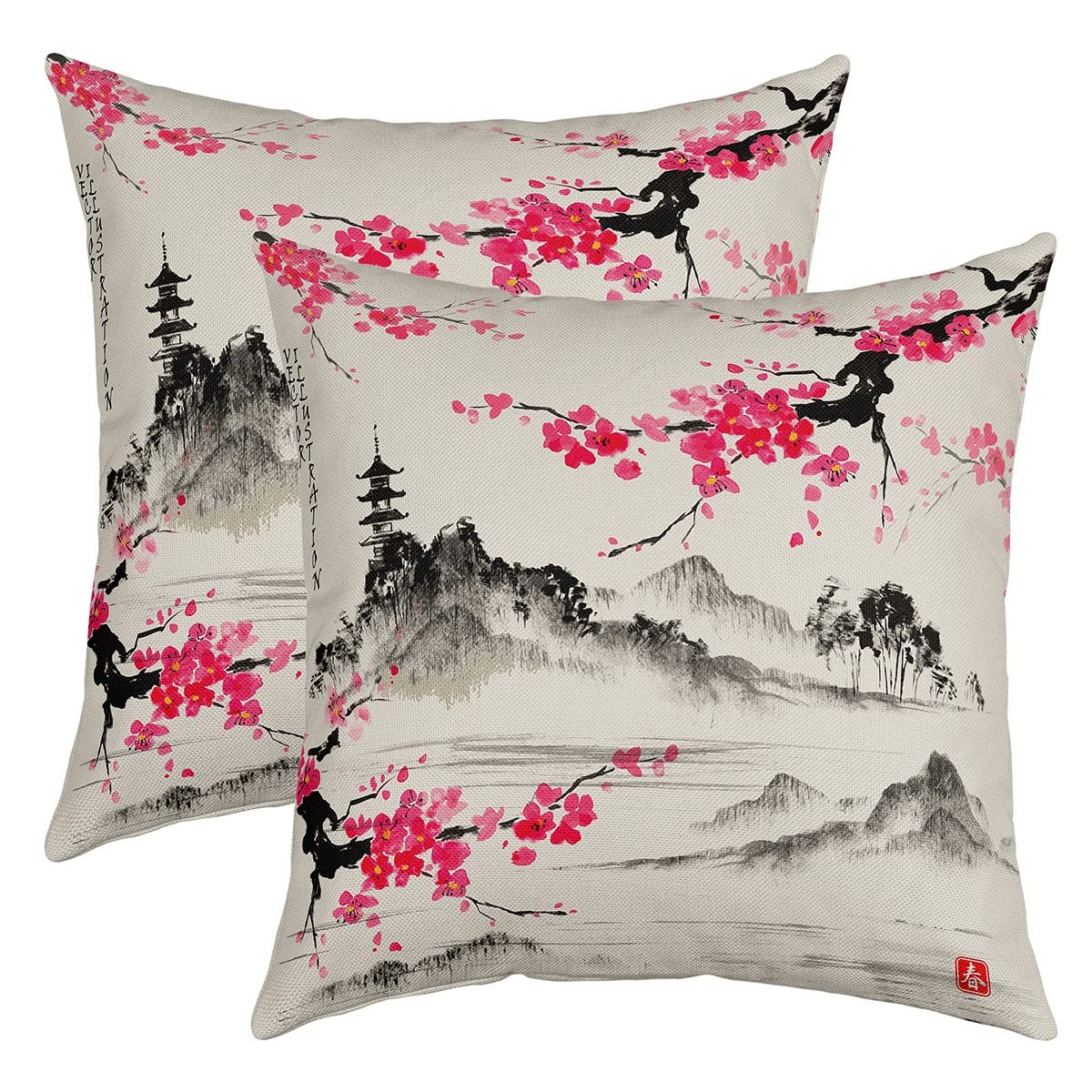 Taie d'oreiller 60x60cm style japonais housse de coussin réversible fleurs de cerisier