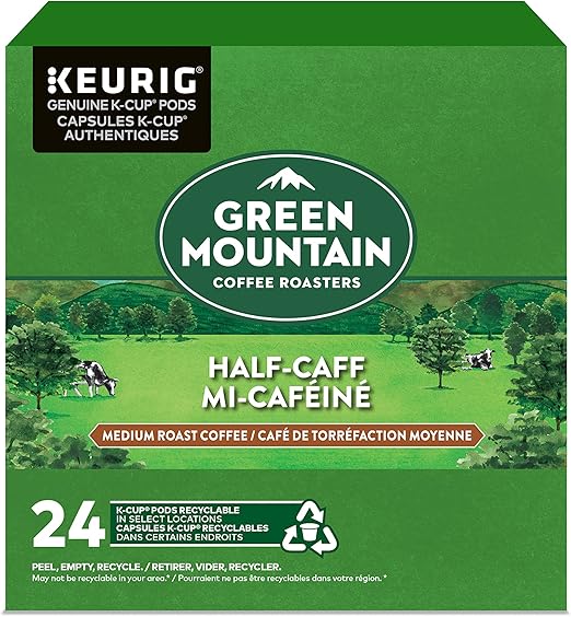 Green Mountain Coffee HalfCaff, Decaf, Medium/Dark Roast Coffee, 24