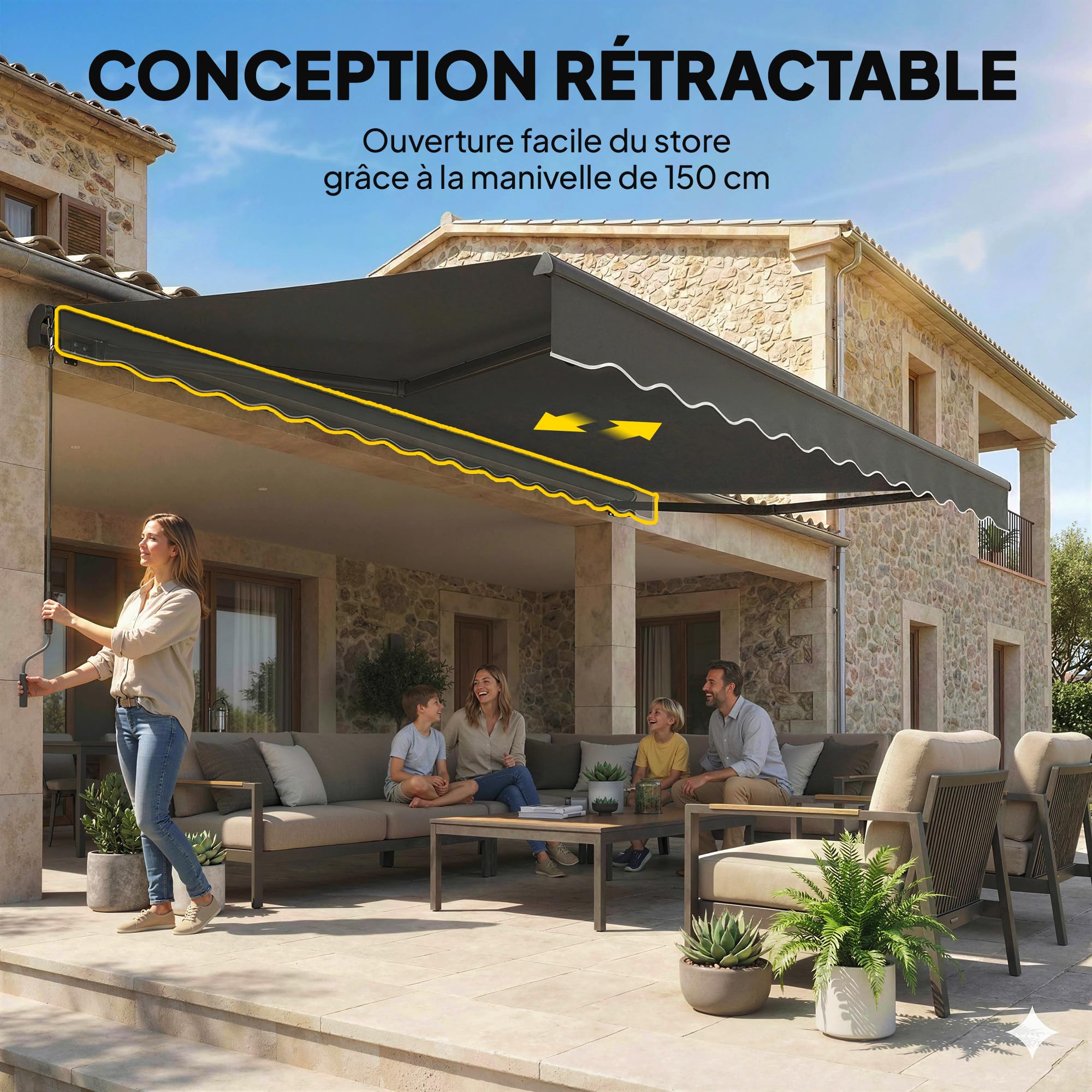 Outsunny Store banne Manuel 3,5x3m, auvent rétractable Inclinaison réglable, manivelle, Aluminium et Polyester 280 g/m² Protection UV résistance à l'eau, pour Patio, Balcon, terrasse, Gris foncé