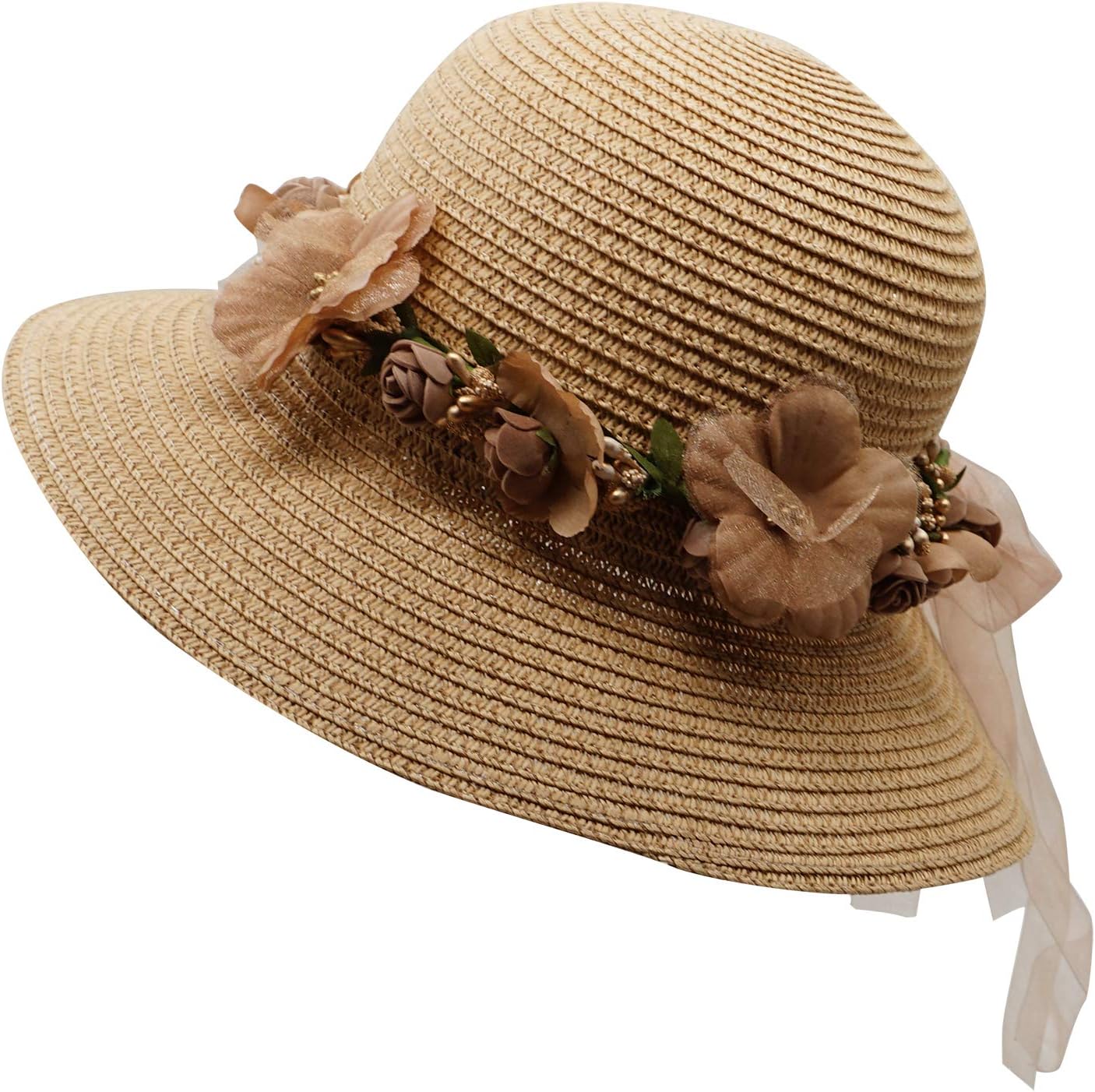 LovfulFashion Flower Lace Ribbon Wide Brim Caps Summer Beach Sun Protective Hat Straw Hats for Women