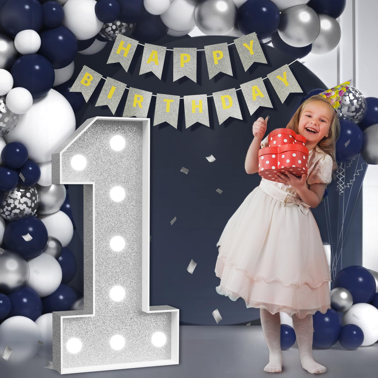 imprsv Marquee Numbers Silver 1st-Birthday Decorations: Large 3ft Light Up Number Grey First Birthday Decoration for Boy Girl One Year Old Party Backdrop Anniversary Big Mosaic Number 1 with Banner