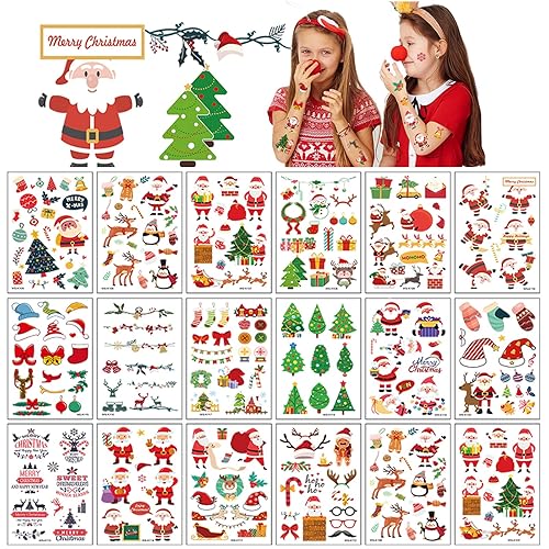 Miniatura 2 de Tatuajes temporales de Navidad para niños, 16 hojas de calcomanías de tatuaje de Papá Noel, tatuajes falsos de Navidad, cara de muñeco de nieve,