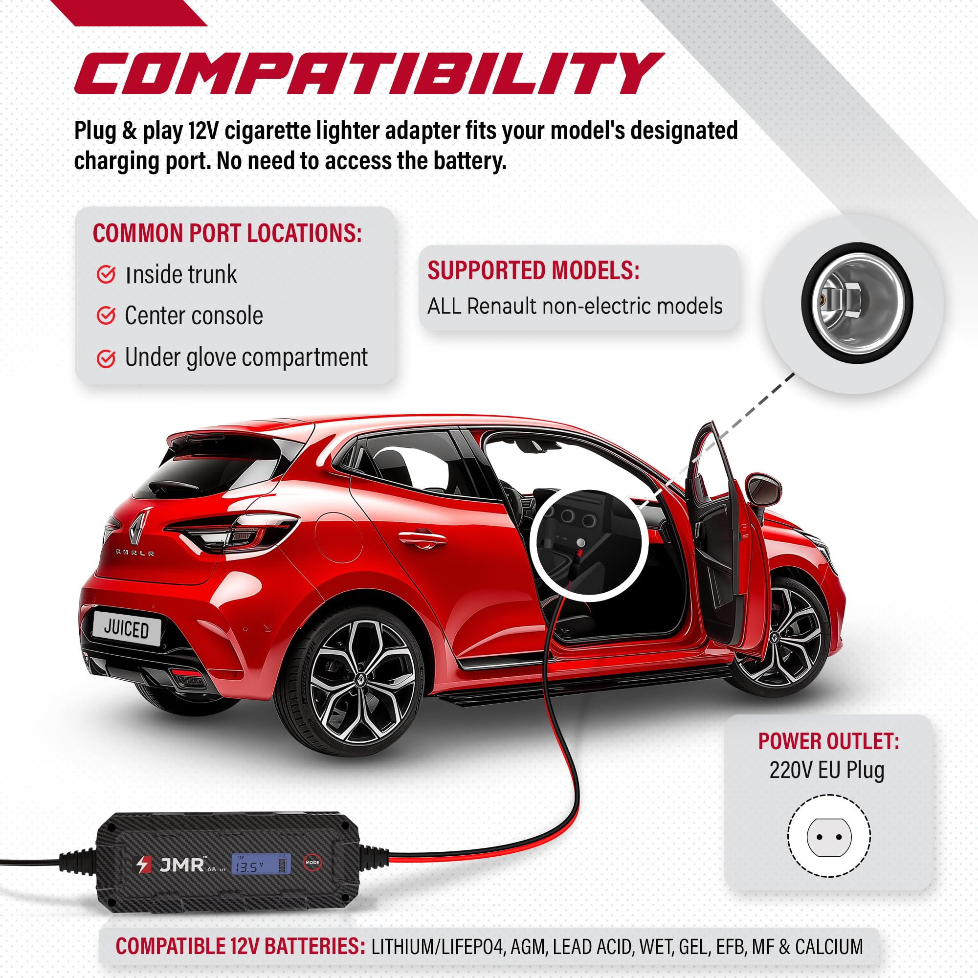 JMR Battery Charger for Renault Espace Talisman Koleos Megane Kadjar Scenic Captur Twingo Climber Kardian Mégane All Models Trickle Charger Conditioner Maintainer (Add Lithium Mode)