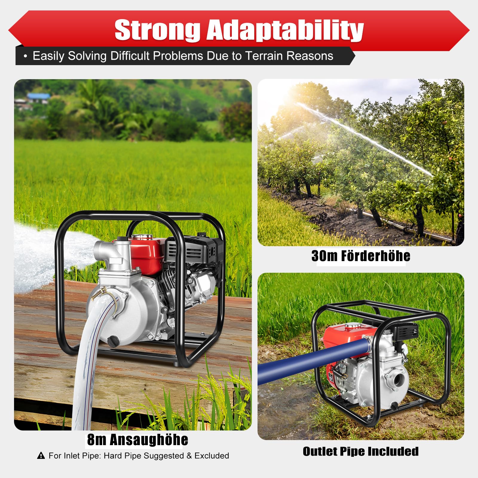 Bomba de agua de gasolina para jardín, 7,5 CV, 35000 l/h y 30 m, altura de aspiración, conexión de 3 pulgadas, bomba de agua sucia con motor de 4 tiempos, arranque por cable, base de metal
