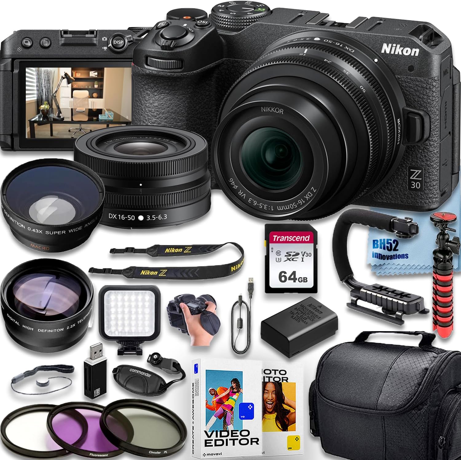 Nikon Z30 20.9MP 4K Video Recording Vlogging Camera with Nikon NIKKOR Z DX 16-50mm f/3.5-6.3 VR Lens+64GB Transcend Memory Card+Photo/Video Editing Software Kit+Deluxe Accessories Bundle (Renewed)