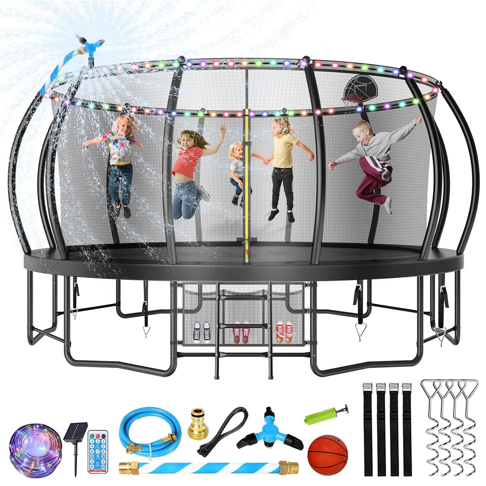 Photo 1 of ** sold as is no refund/return ** see comments 
Lyromix 16FT Trampoline Outdoor with Basketball Hoop, Trampoline with Lights for Kids and Adults, Recreational Trampolin with Sprinkler, Stakes and Storage Bag