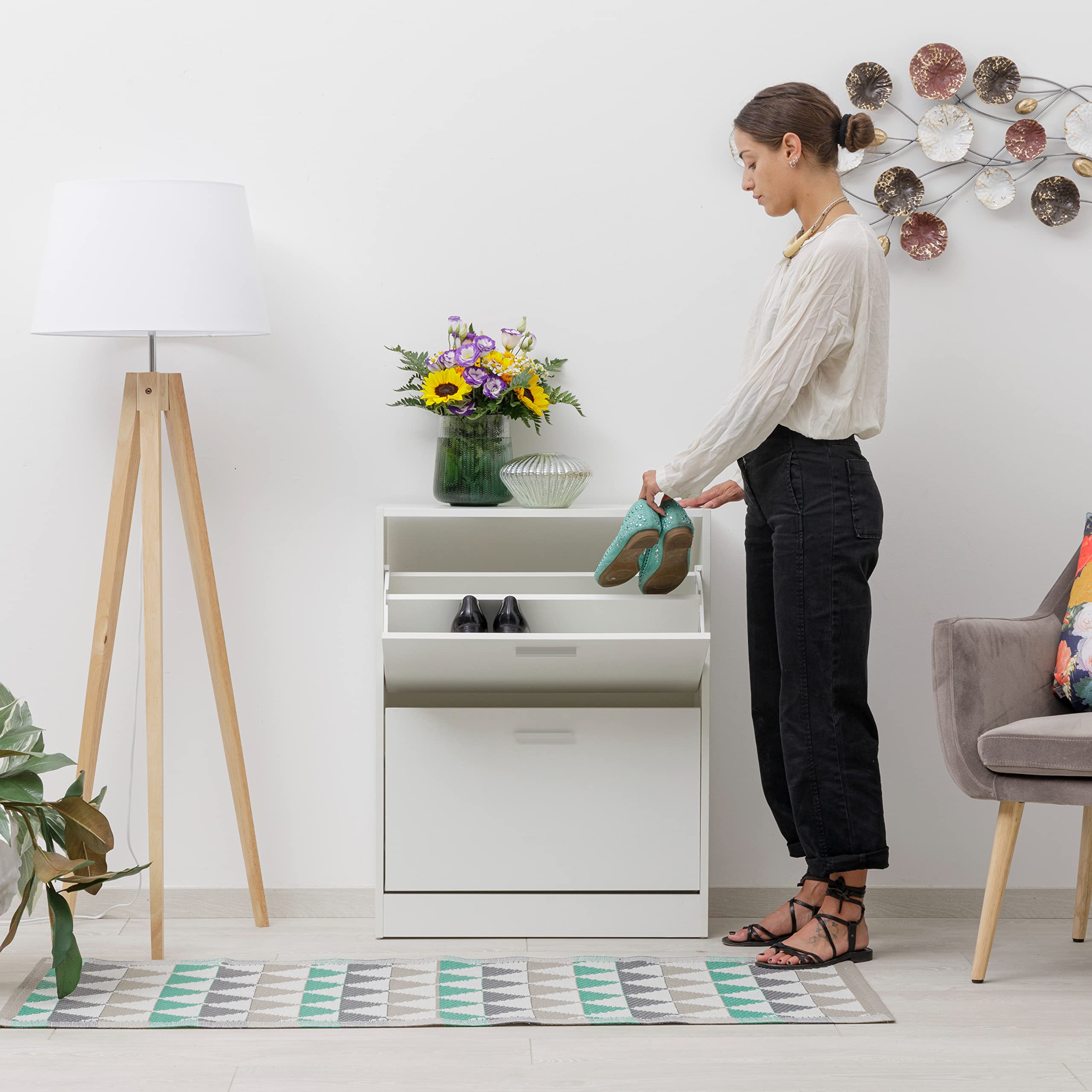 Baroni Home Scarpiera Salvaspazio Slim in Legno Melaminico da Ingresso. Portascarpe con Ante a Ribalta e Doppia Profondità (Bianca 2 Ante)