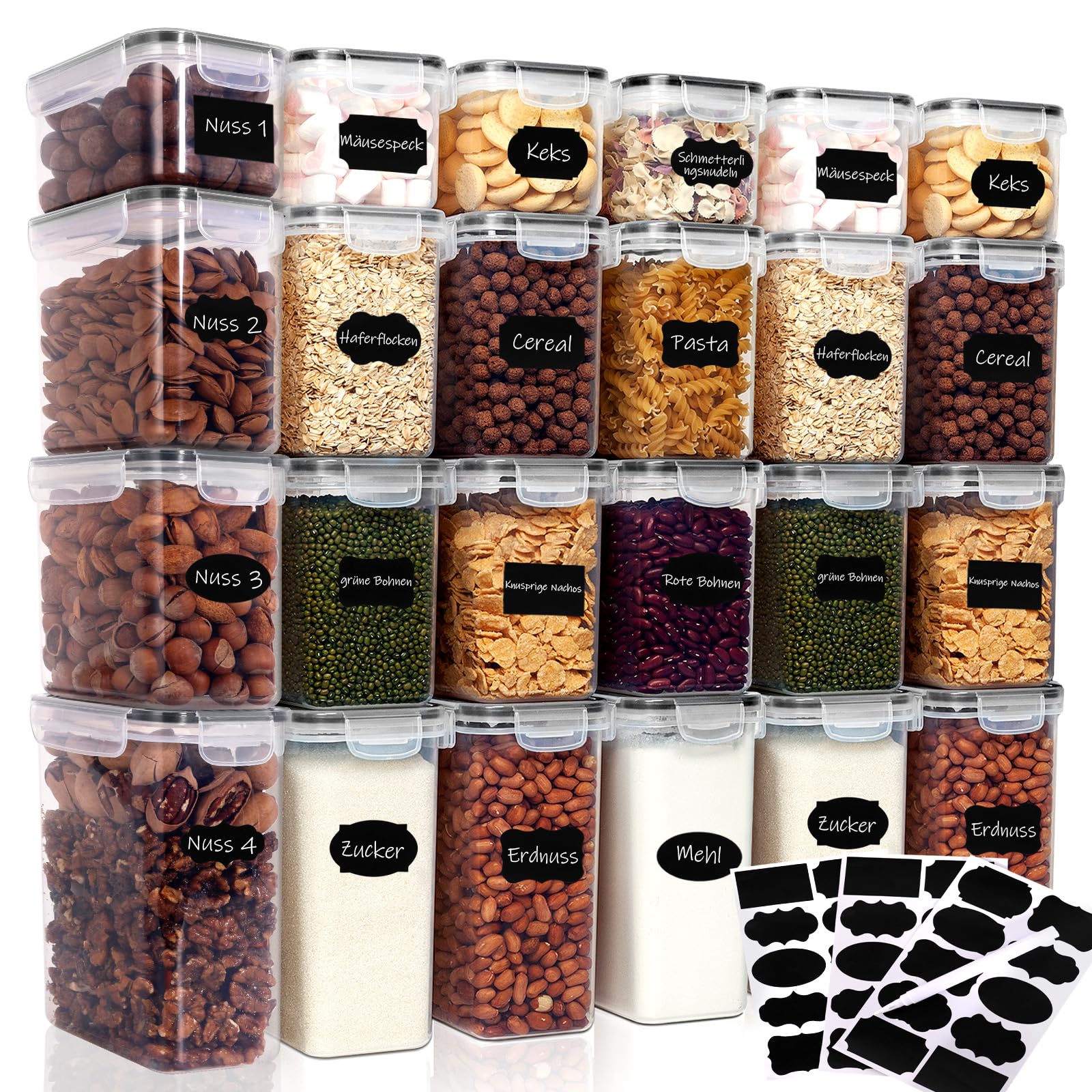 CALIYO Vorratsdosen mit Deckel Luftdicht, 24er Vorratsbehälter Set Küche Aufbewahrungsbox Organizer für Lebensmittel, BPA-Freie