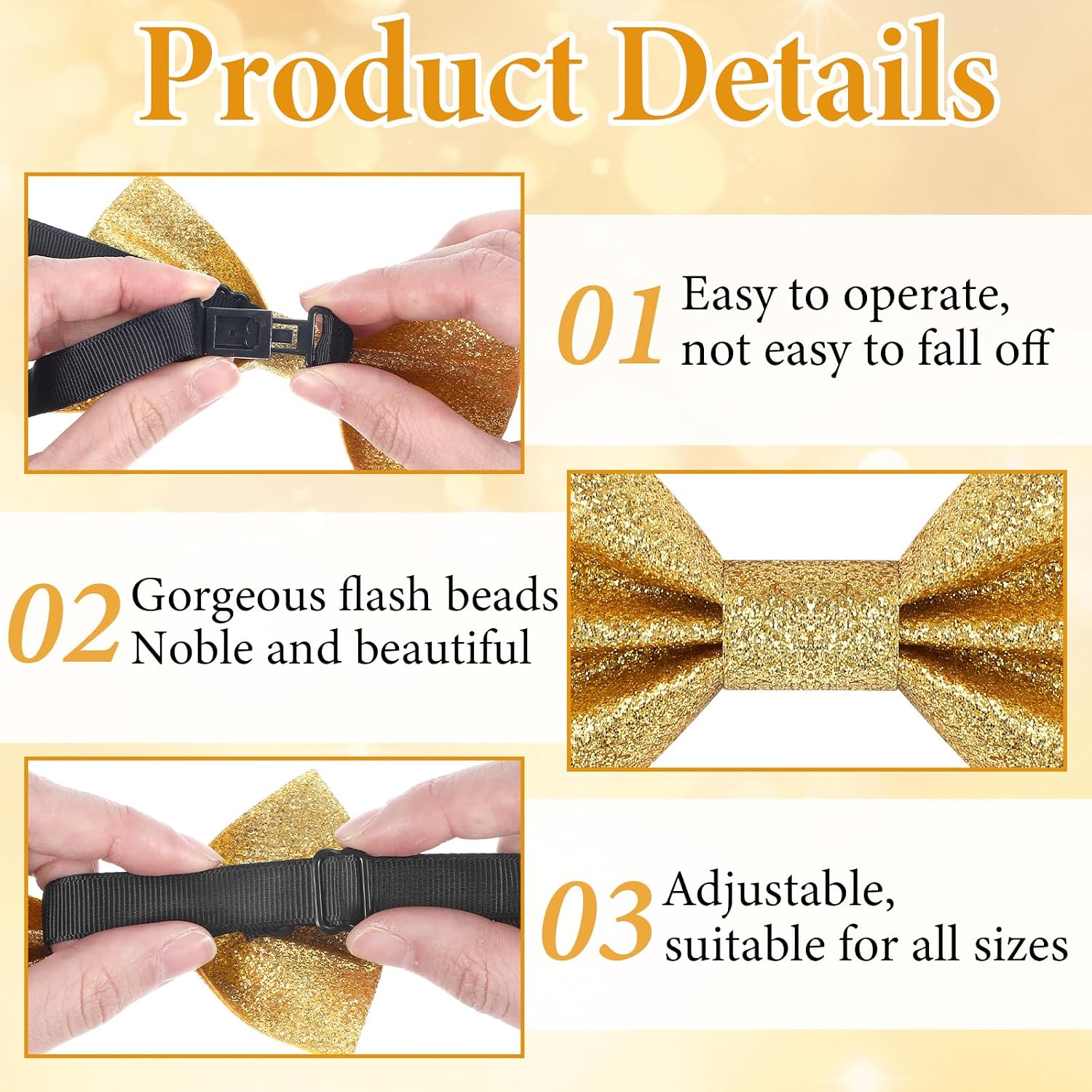 Gold Bow Tie, Sequin Bow Tie, Adjustable Length Fancy Pre-Tied Glitter Shiny Sequin Bow for Men Banquet Carnival Party Christmas Fancy Dress Wedding (4.72 × 2.76 Inches)