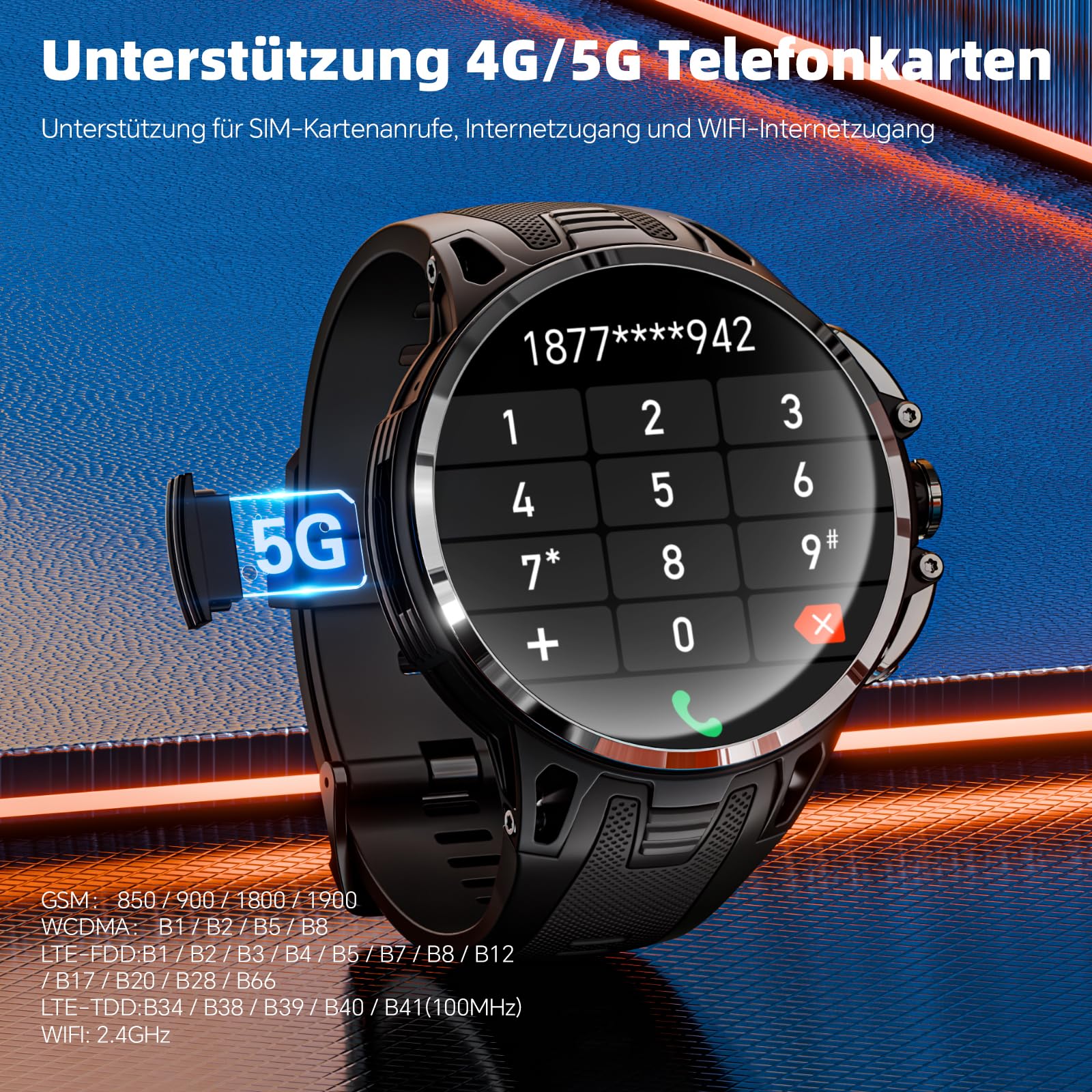 LOKMAT Montre intelligente Android 4G, écran AMOLED 1,75" 3 Go + 32 Go, tracker d'activité de sport, montre intelligente pour hommes et femmes, avec fente pour carte SIM, caméra rotative, GPS, NFC