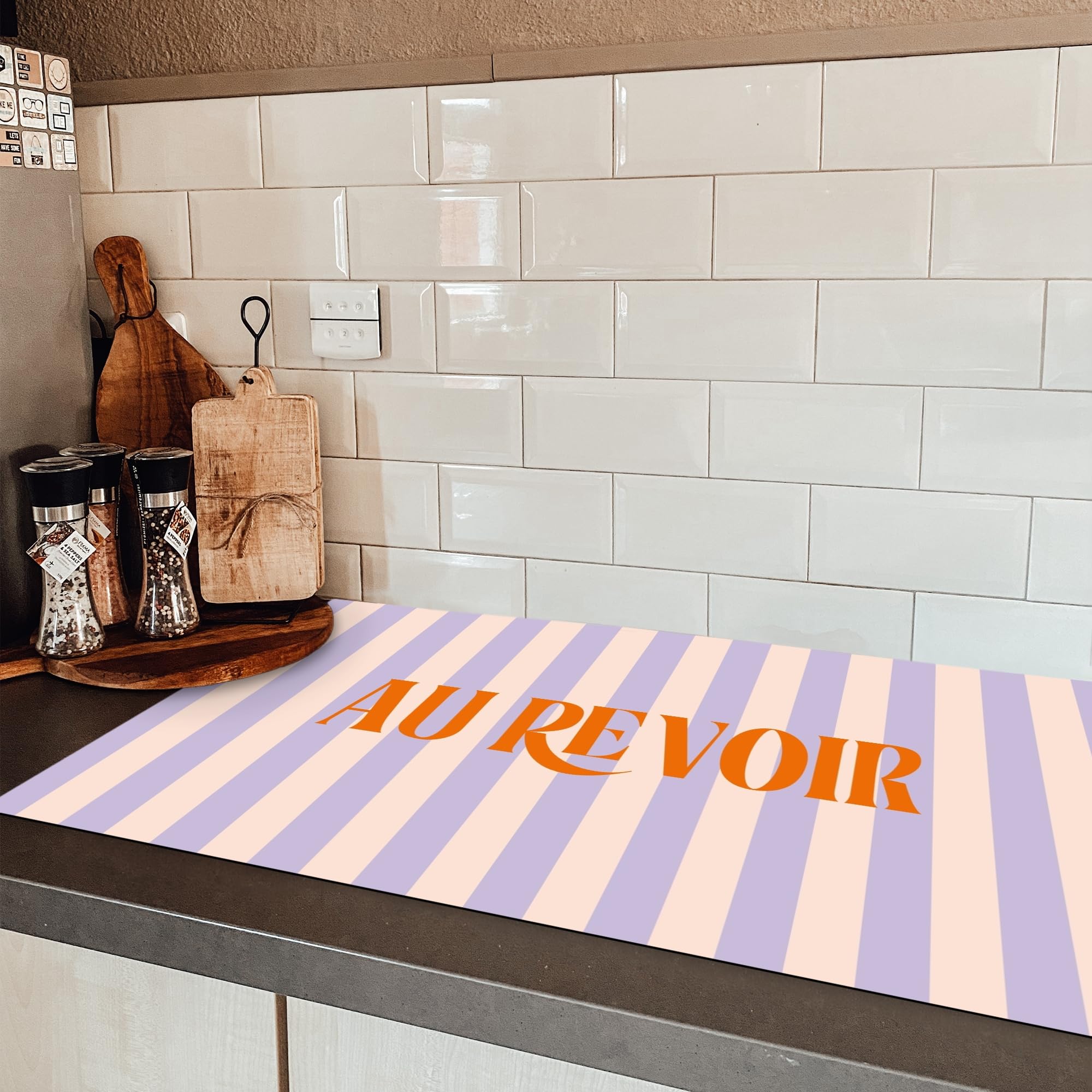 KitchenYeah© Protege Couvre Plaque De Cuisson Décoration Cuisine Tapis Protection Protecteur Induction 91x52 cm Lila - Orange - Rayures - Au revoir