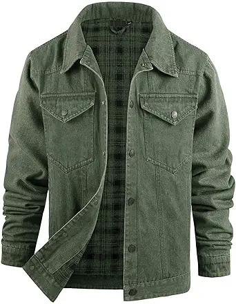 Flygo Mens Flannel Lined Denim Jacket Snap Cowboy Cut Western Classic Slim Fit Vintage Heavy Duty Jacket Trucker Coat